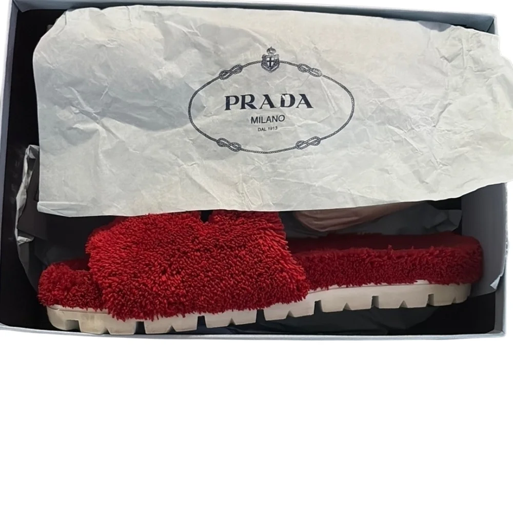 Prada Milano Red Fuzzy Slides - Picture 1 of 9
